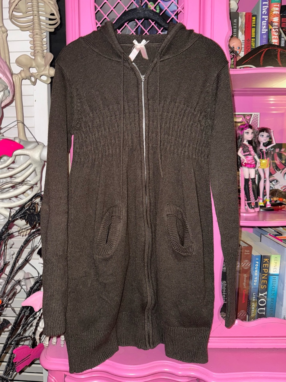 Vintage Y2K brown babydoll fit knit hooded zip up sweater Sz L